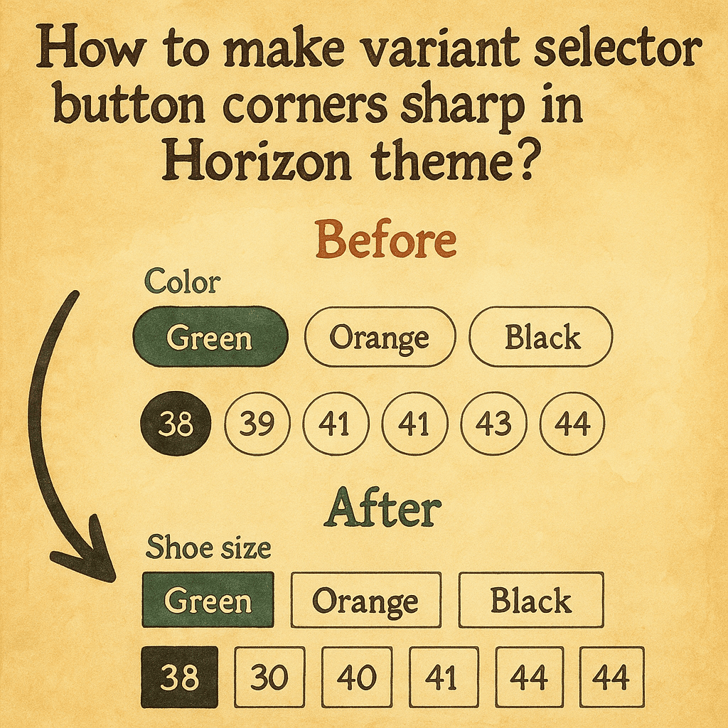 How to make variant selector (color, size) button corners sharp in Shopify Horizon theme?