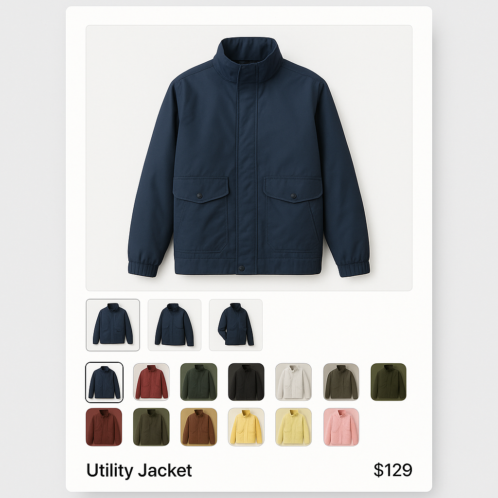 Shopify product page with 12 variant image swatches for utility jacket