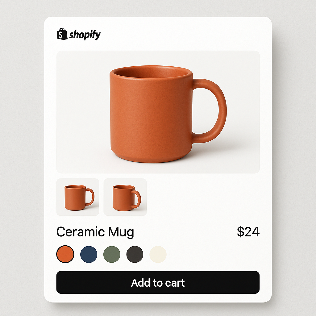 Shopify product page with color circle swatches for ceramic mug