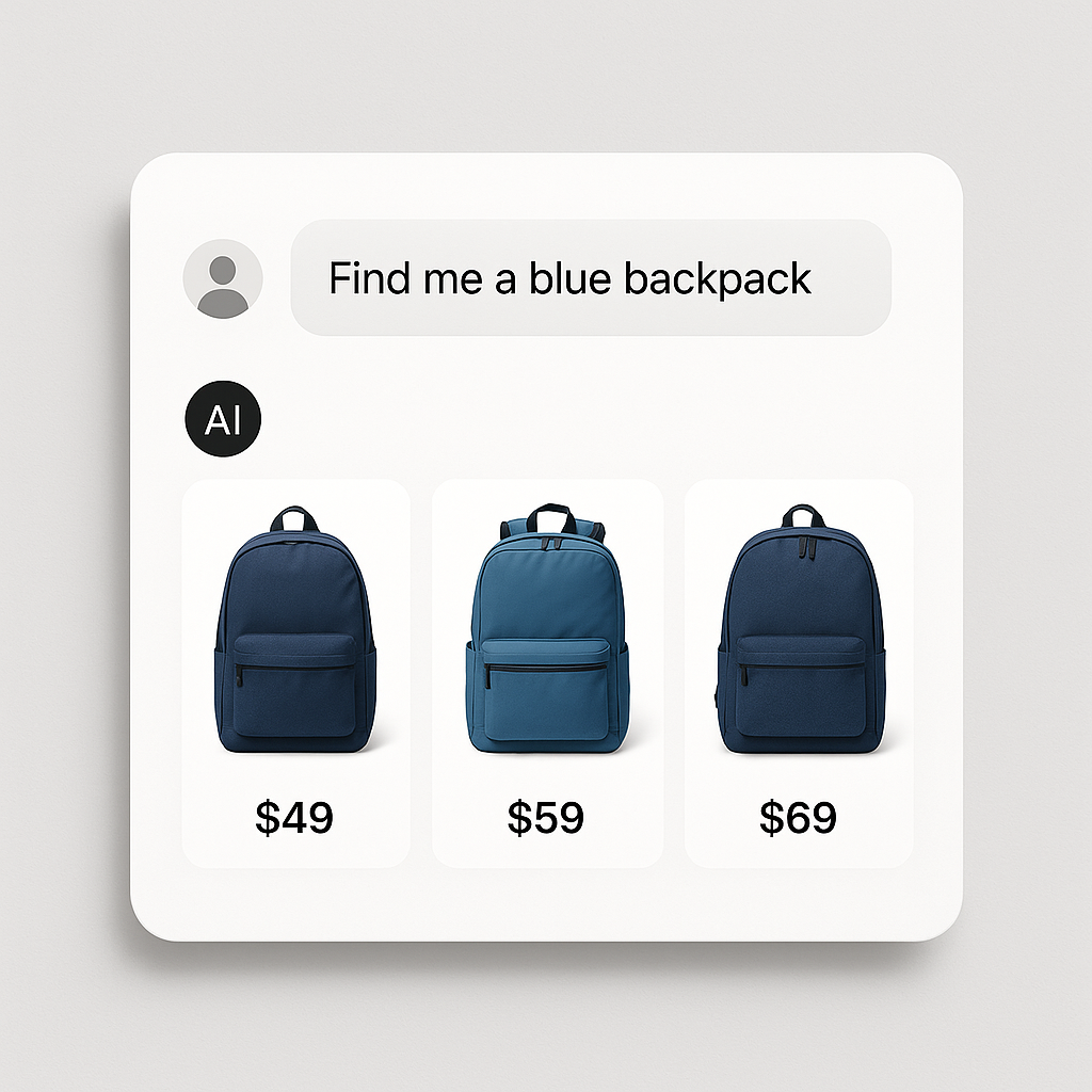 AI chat interface recommending blue backpack products