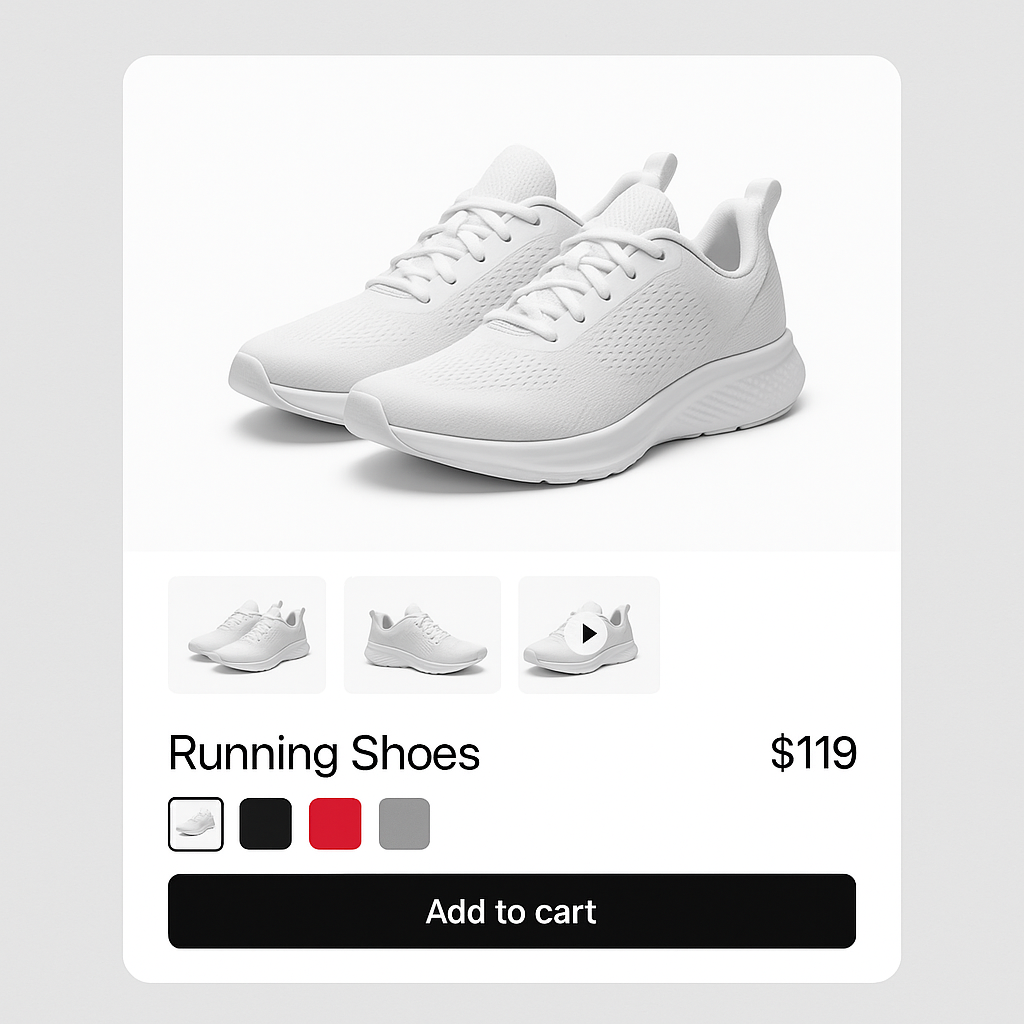 Product page with variant video and image swatches for running shoes
