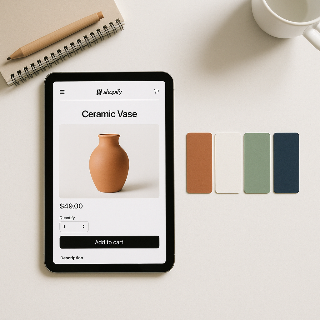 Tablet mit Shopify Produktseite und Farbmuster-Karten
