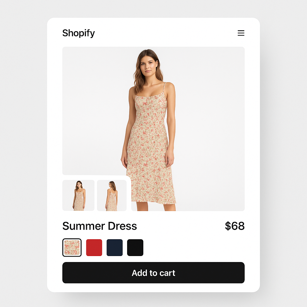 Fashion store product page with variant image swatches for summer dress