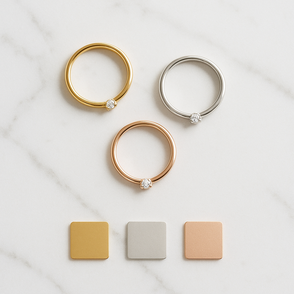 Three diamond rings in gold silver rose gold with metal swatches