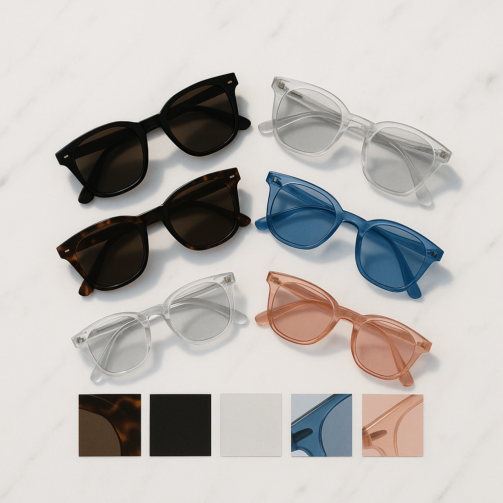 Five sunglasses in different colors with variant swatch cards