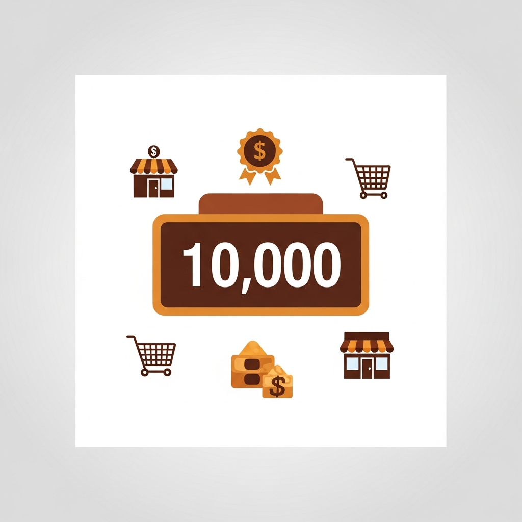 a milestone counter showing 10000 with small merchant store icons around it