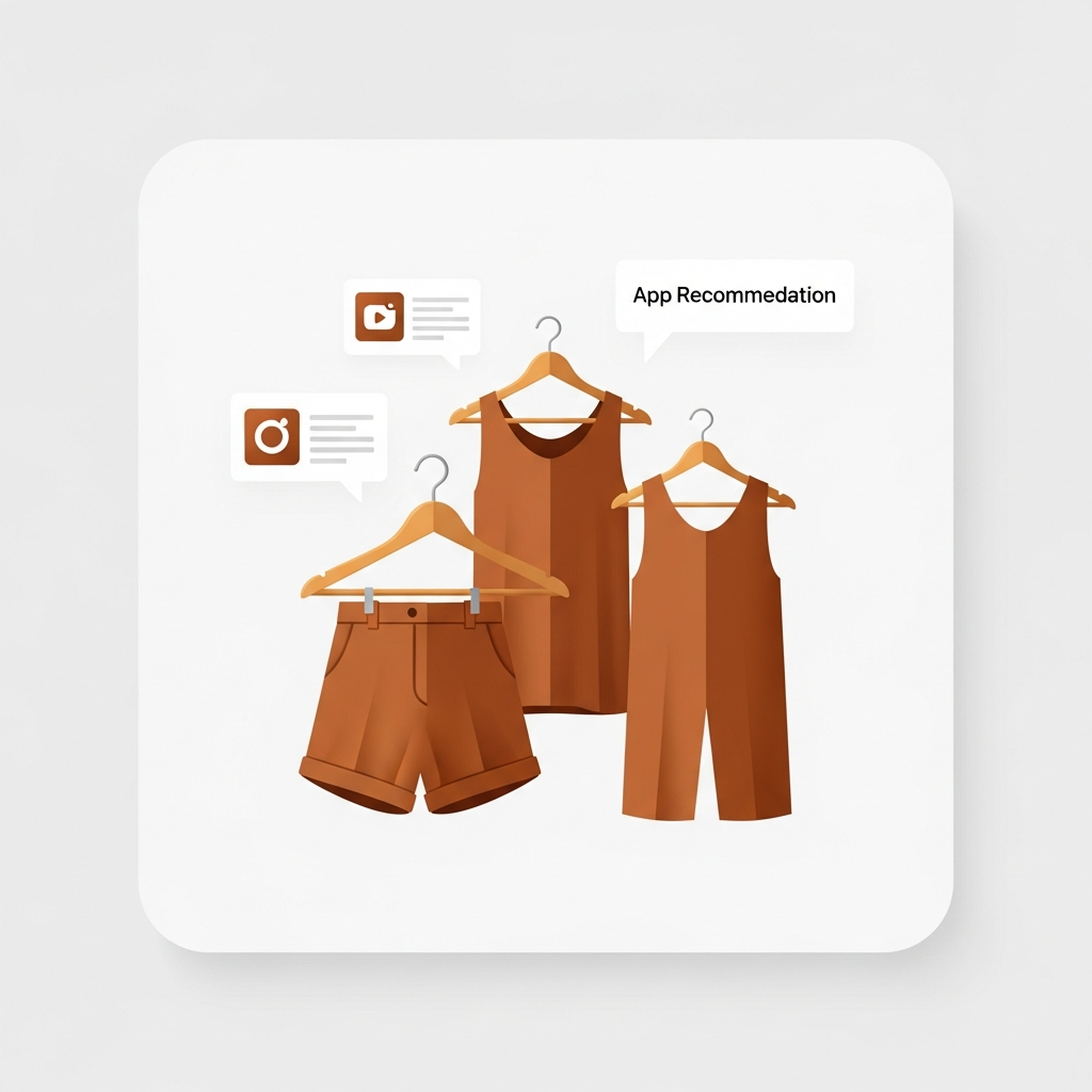 clothing items on hangers with app recommendation cards floating nearby