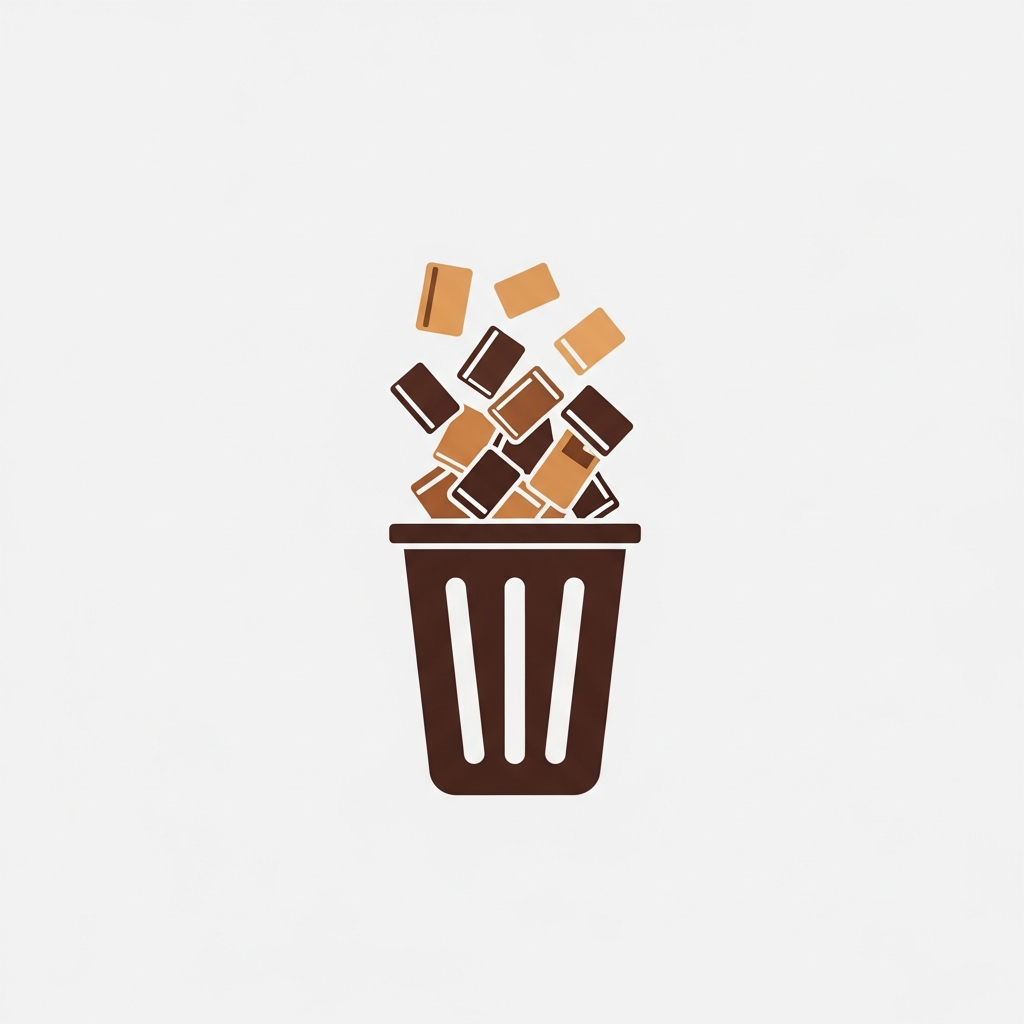 a trash bin icon with product cards being removed in bulk