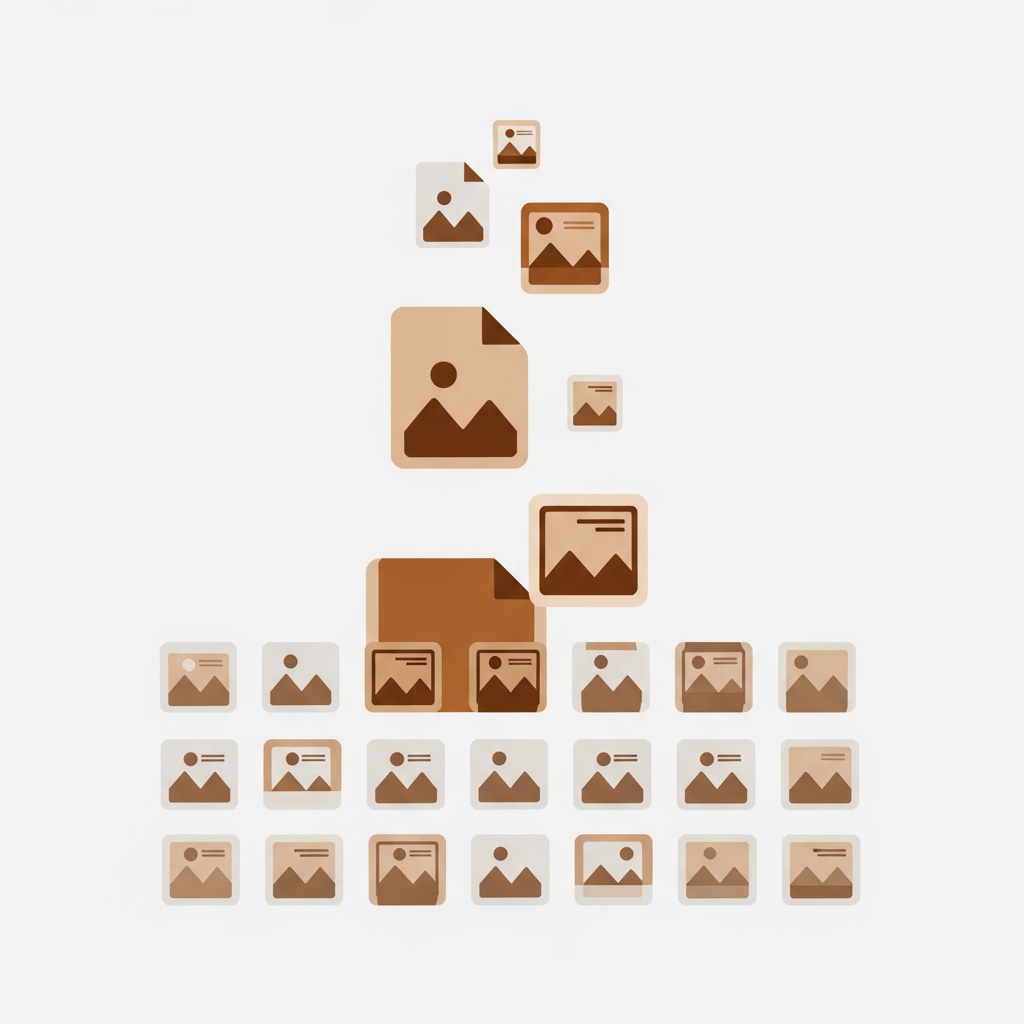 a bulk upload interface with image files streaming into organized product slots