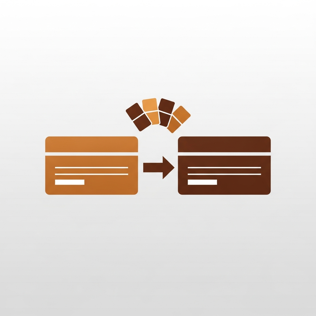 two separate product cards linked together by a curved arrow with swatches