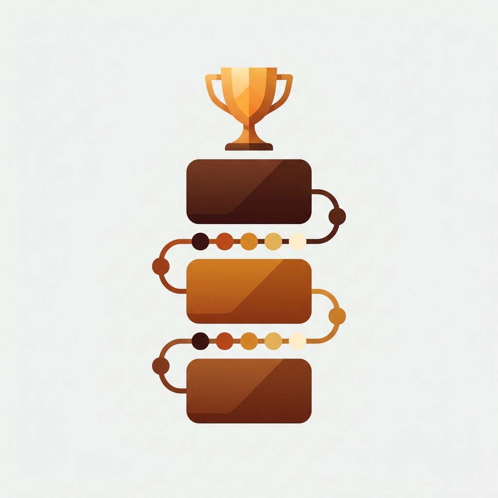 a vertical podium ranking of stacked product cards with color variant swatch dots flowing between them, gold trophy at the top, dark chocolate brown and amber tones, premium awards-style composition representing a ranked list of best Shopify variant and combined listing apps