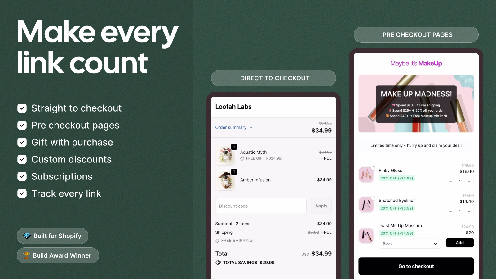 Checkout Links screenshot showing one-click checkout link generation