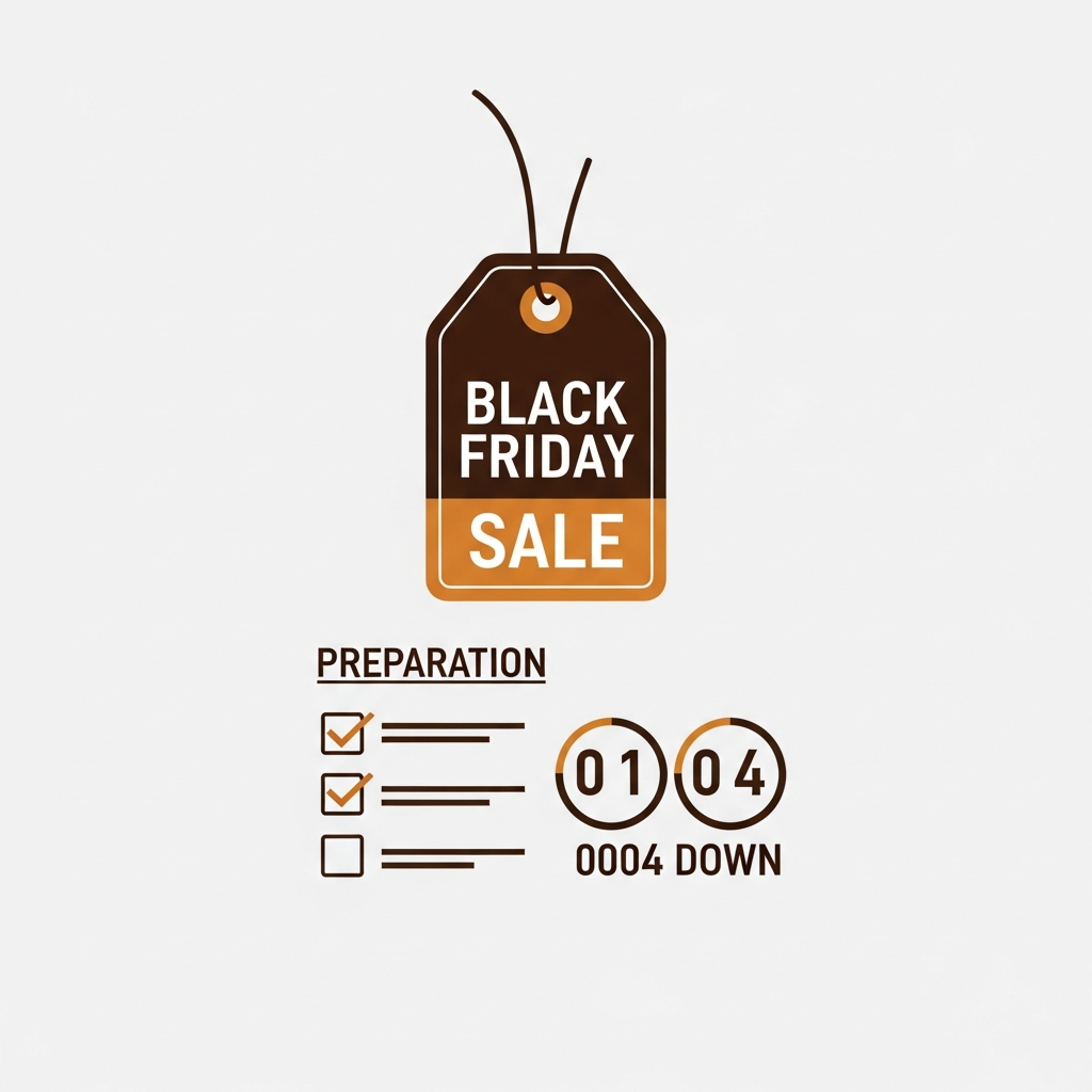 a Black Friday sale tag with a preparation checklist and countdown timer