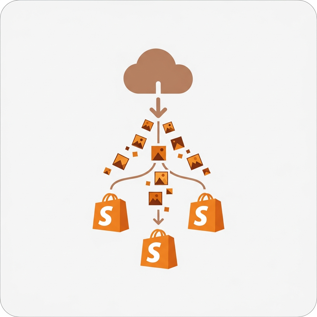 product images flowing from a cloud folder into multiple Shopify stores
