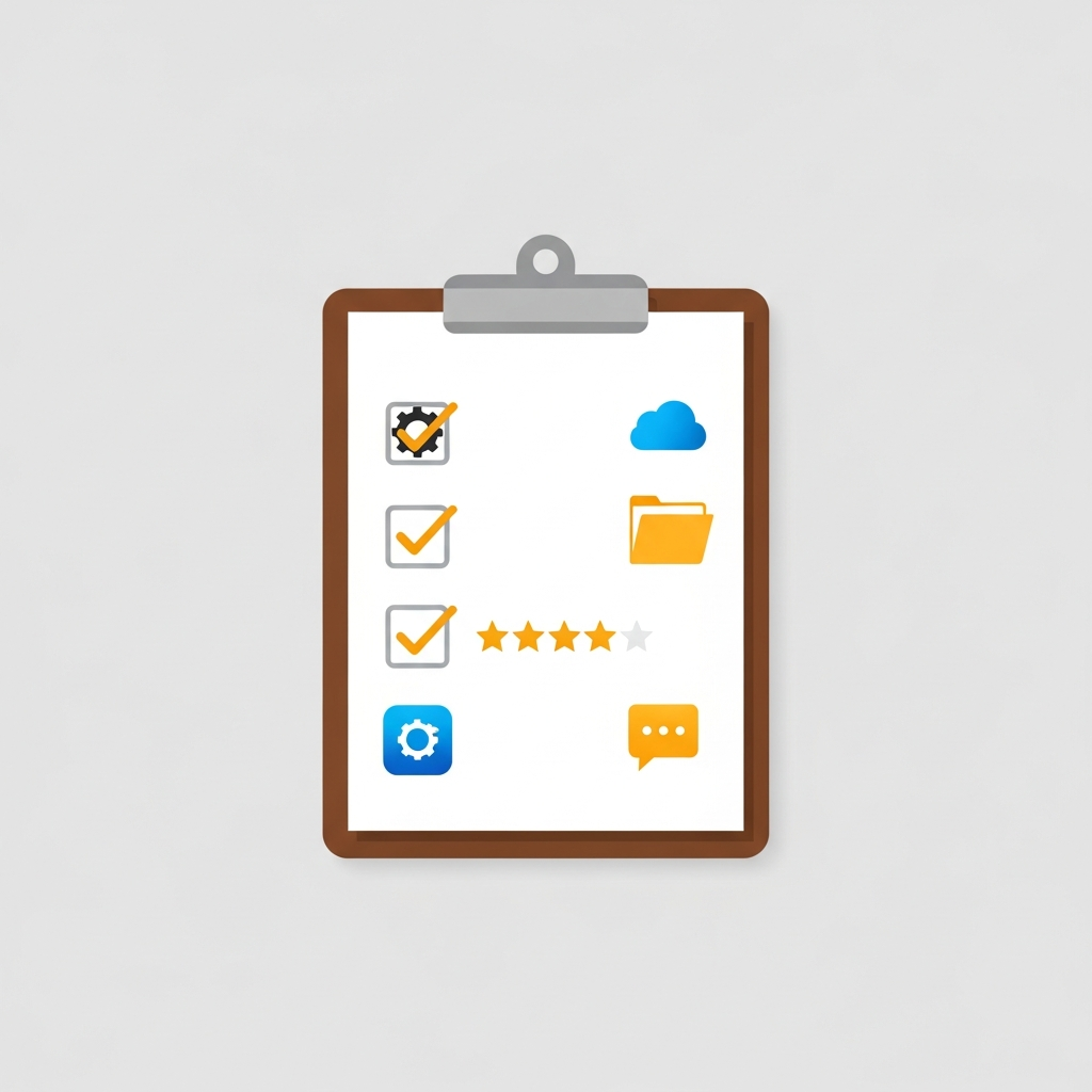 a checklist with app icons being evaluated with checkmarks and ratings