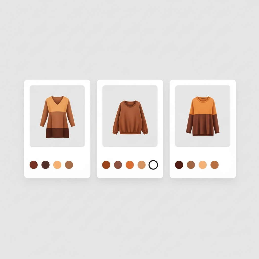 a Shopify collection page mockup showing three product cards side by side, each card displays a clothing item photo and underneath each card sits a row of five small colorful round swatch dots in brown amber and earth tones, one swatch on each card has a dark selection ring around it
