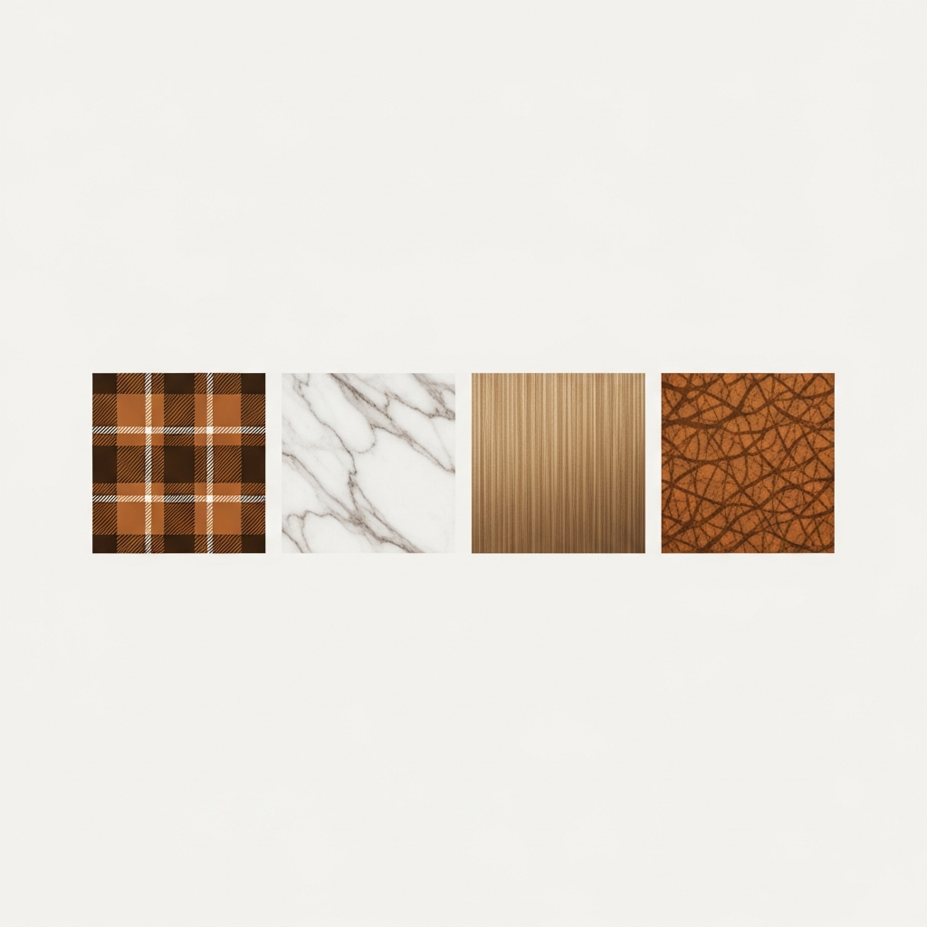 texture and fabric pattern swatch squares arranged in a row, showing plaid, marble, brushed metal, and leather grain textures as small square samples replacing flat color circles