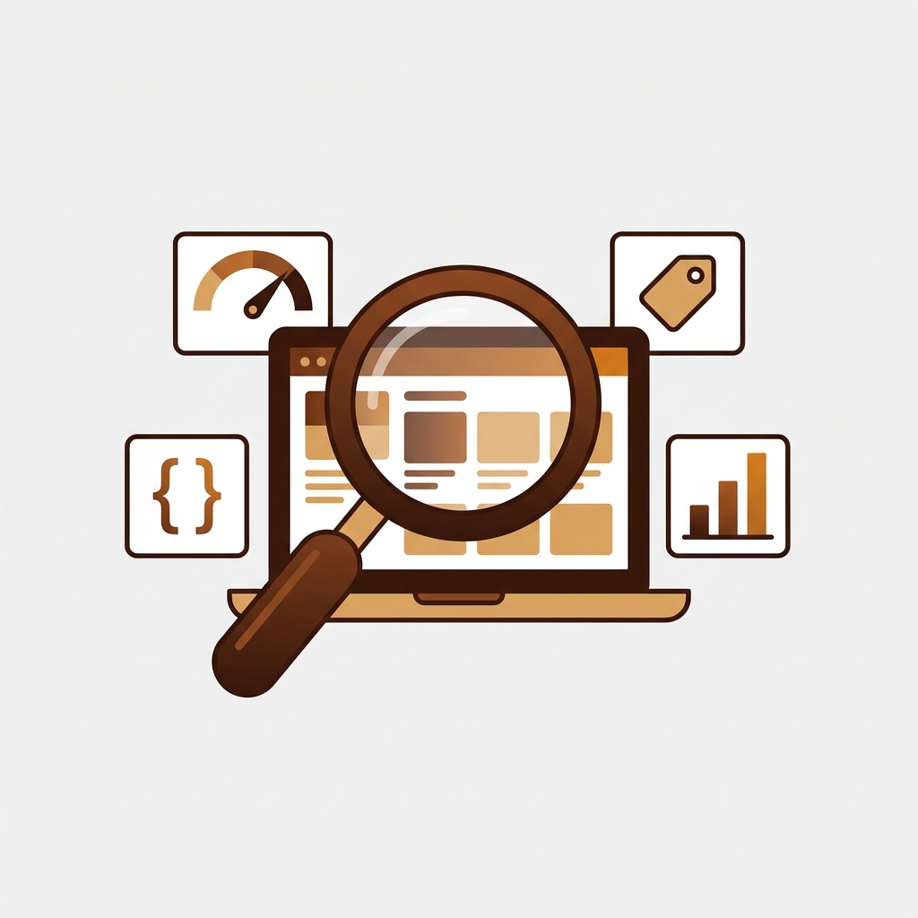 Detailed modern flat illustration of a magnifying glass over a laptop screen showing a storefront layout, with floating diagnostic cards around it showing a speed gauge, a tag icon, a code bracket icon, and a bar chart, warm dark chocolate brown tones (#3E2723 #5D4037 #8D6E63), solid flat very light grey background exactly #f2f2f2, elements fill the full frame, zero text zero letters zero numbers zero words zero labels zero captions, clean minimal SaaS aesthetic, square 1:1 format