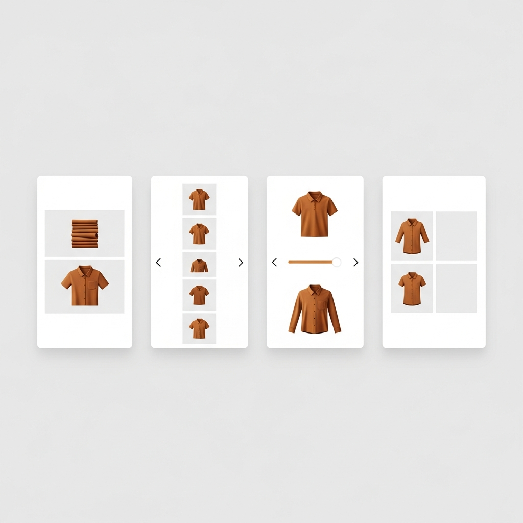 a product page showing four different gallery layout panels side by side: vertical stack, thumbnail strip, horizontal slider with arrows, and a 2-column grid, each containing product photos of a shirt in different angles