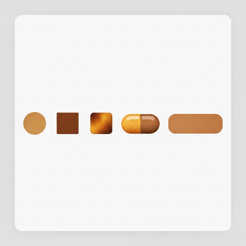 five different swatch shapes in a row: circle, square, rounded square, pill shape, and rectangular button, each showing a different color or texture, arranged on a product option selector panel
