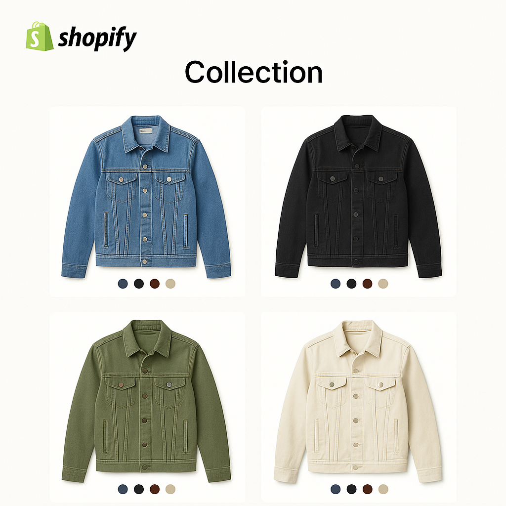 Shopify collection page with 4 denim jacket variants and swatches