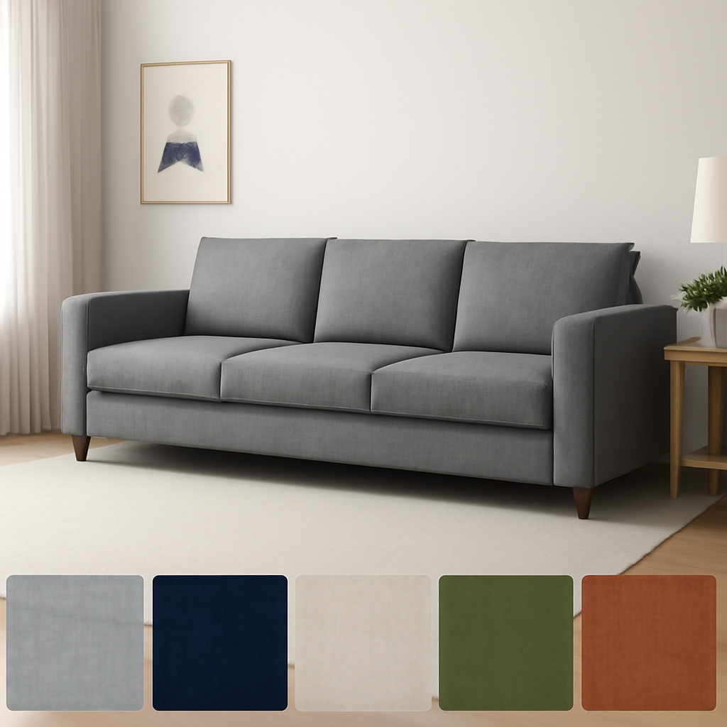 Gray sofa with fabric texture swatches