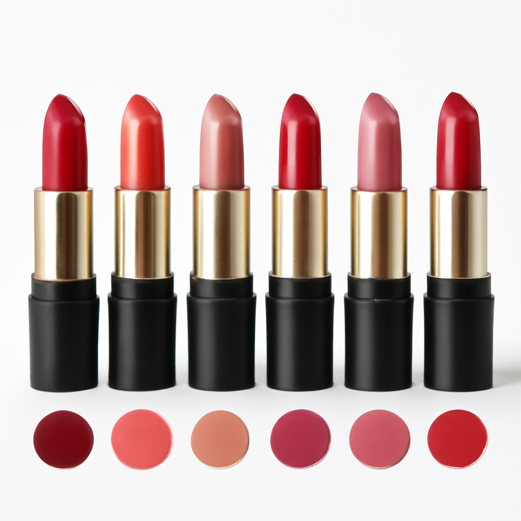 Six lipsticks in different shades with color swatches