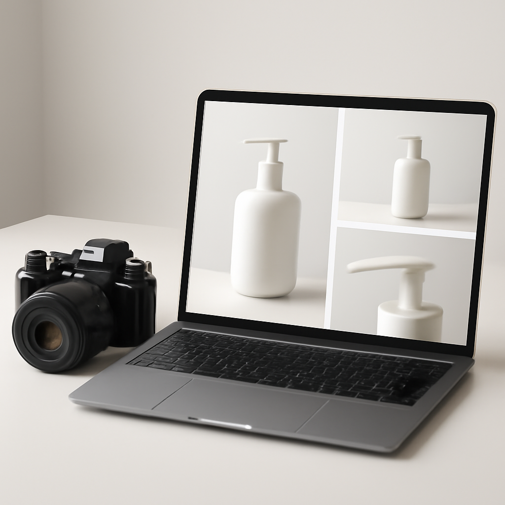 Camera and laptop with product photos setup