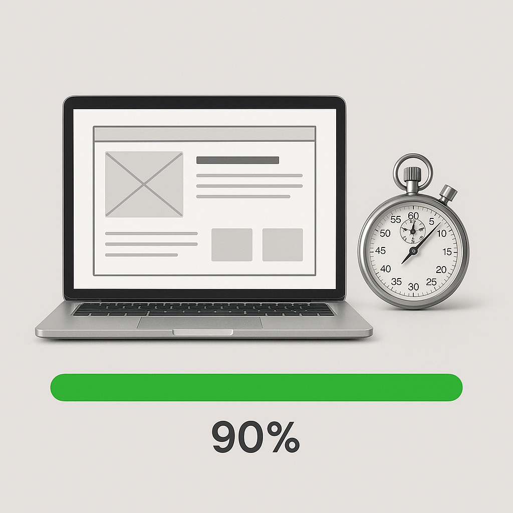 Laptop mit Ladefortschritt und Stoppuhr