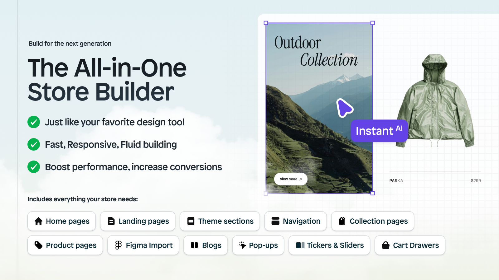 Instant AI Page Builder screenshot showing AI-generated landing page sections