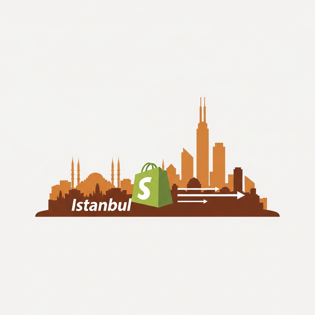 Istanbul skyline silhouette with a Shopify bag icon and migration arrow