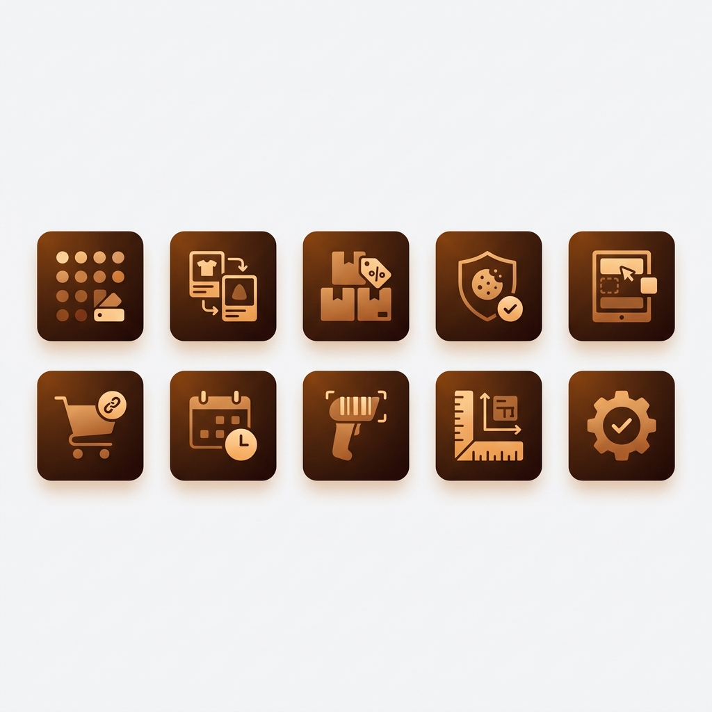 premium editorial illustration of a curated app collection grid with 10 distinct Shopify app tiles arranged in 2 rows of 5, each tile showing a different concept icon: variant swatch dots, linked product cards, bundle stack with discount tag, shield with cookie consent, page builder canvas, checkout link, preorder calendar, barcode scanner, ruler size chart, all in dark chocolate brown and amber tones with warm glow, must-have apps showcase composition