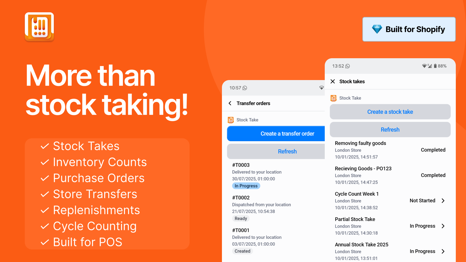 PML Stock Take Inventory Count screenshot showing barcode scan and stock count interface