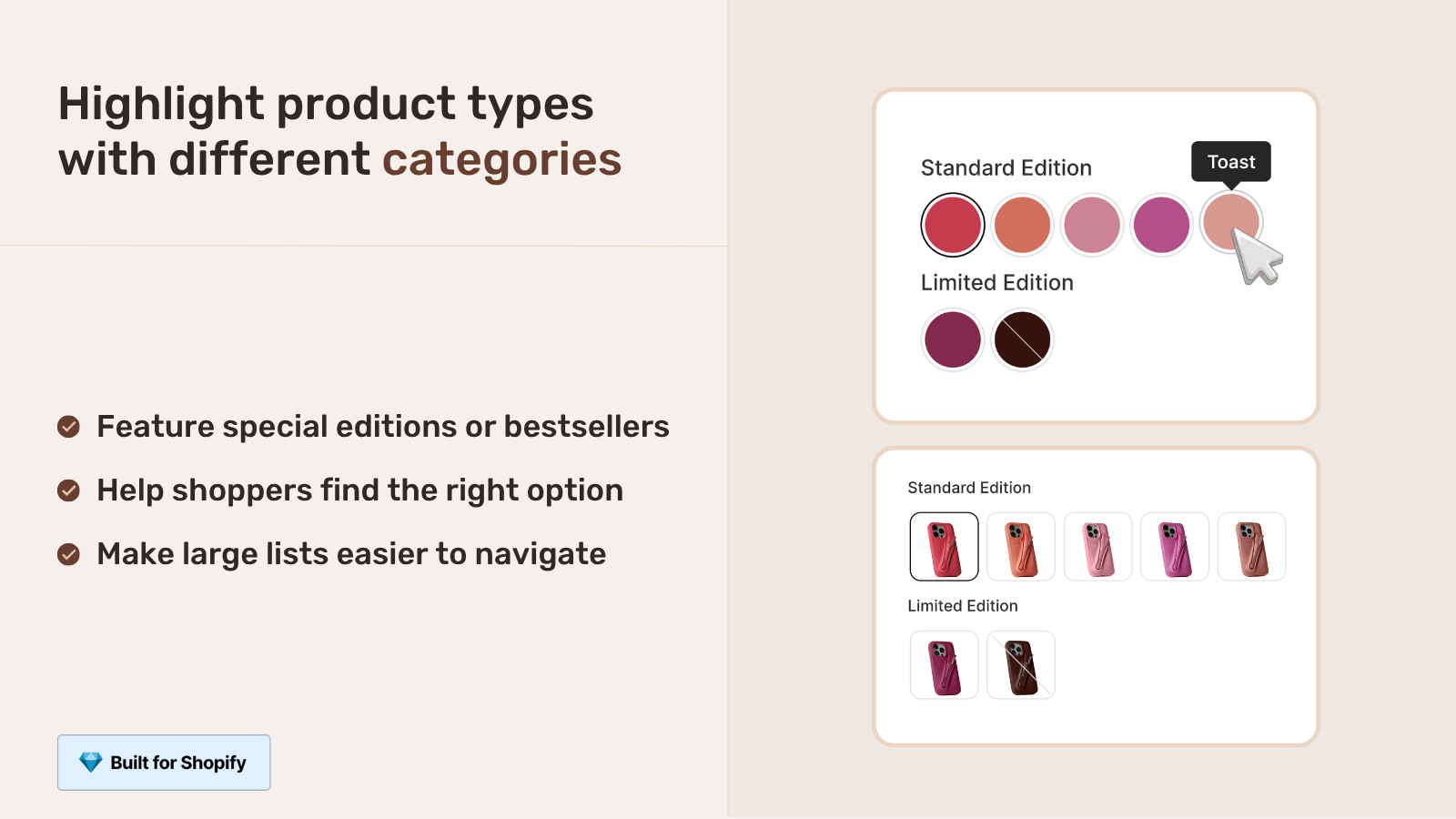 Size and color as separate products on Shopify? How to group them