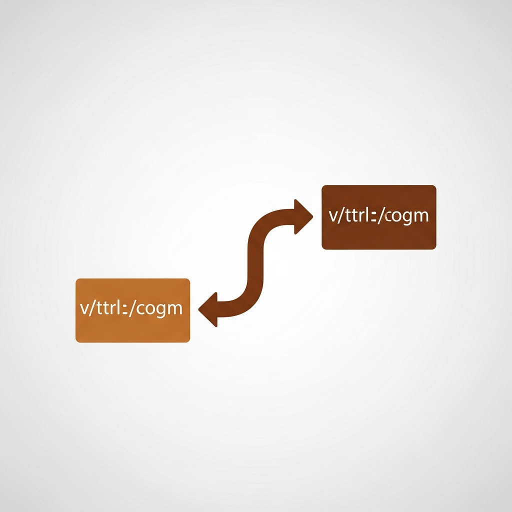 an arrow bending from one URL card to another showing a redirect path