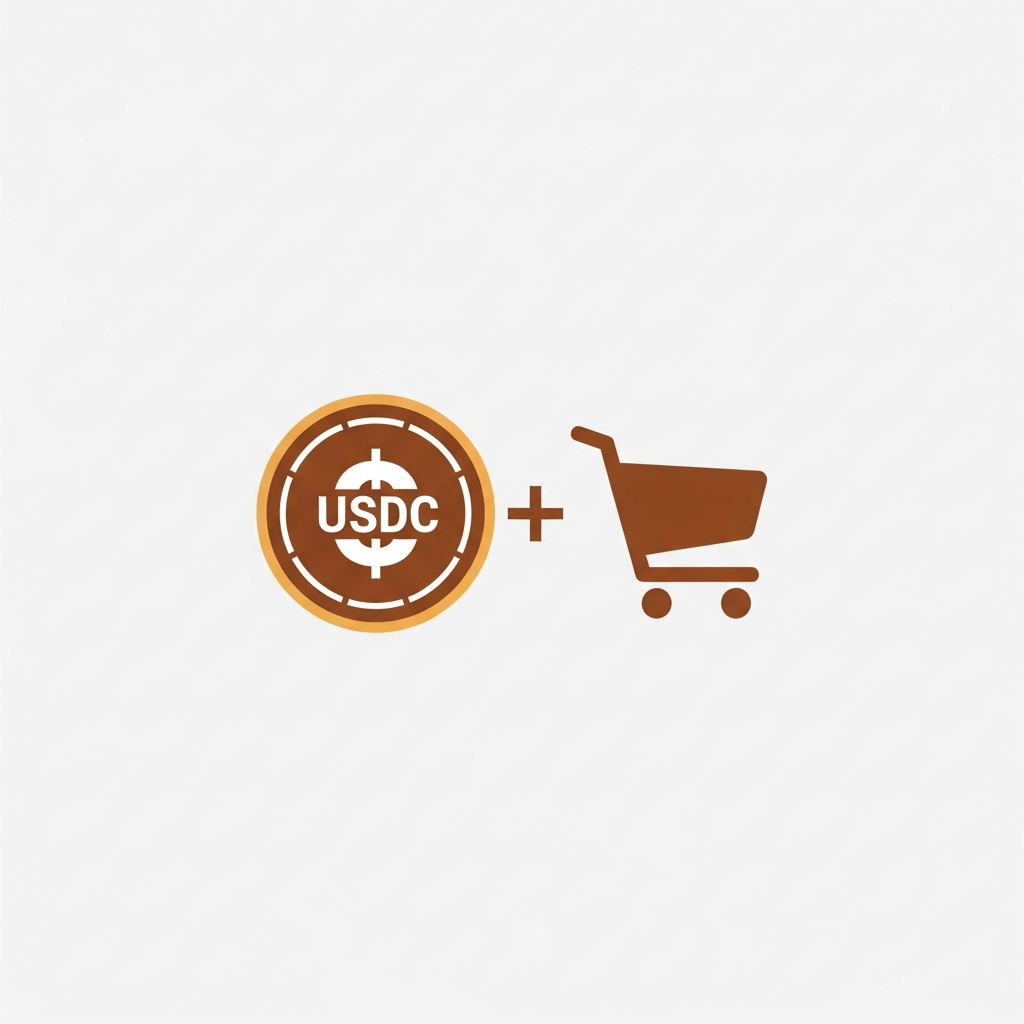 a USDC coin icon merging with a shopping cart checkout button
