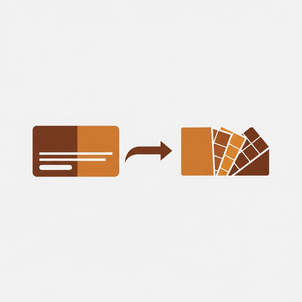 two separate product cards linked by a curved arrow with color swatch options