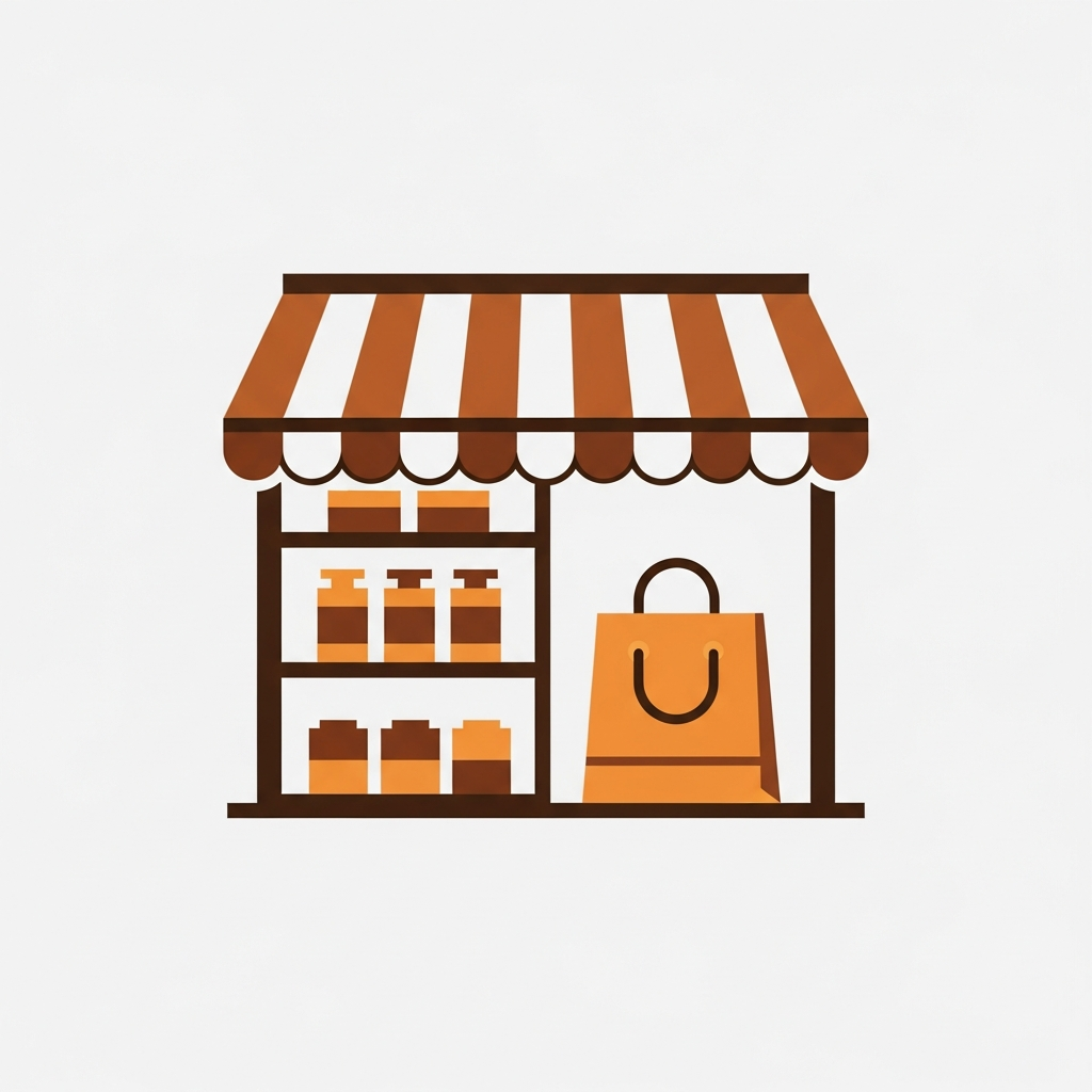 a storefront opening with product shelves and a shopping bag