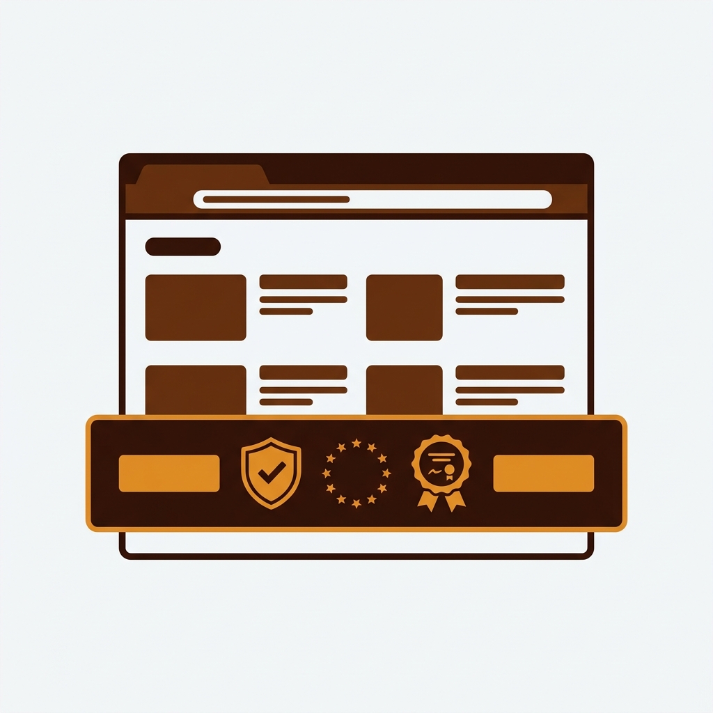 premium editorial illustration of a Shopify storefront browser window with a prominent cookie consent banner overlay showing two equal Accept and Reject buttons, a privacy shield with a checkmark integrating with the banner, EU stars and a small certificate badge symbolizing IAB TCF v2.3 and Google Consent Mode v2 compliance, dark chocolate brown and amber tones, clean compliance theme