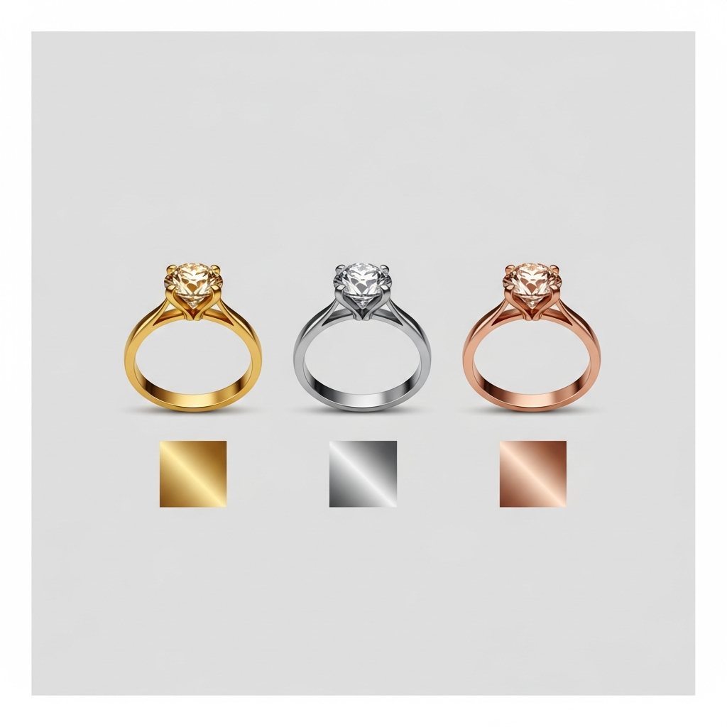 three diamond rings in gold silver and rose gold with metal color swatches below