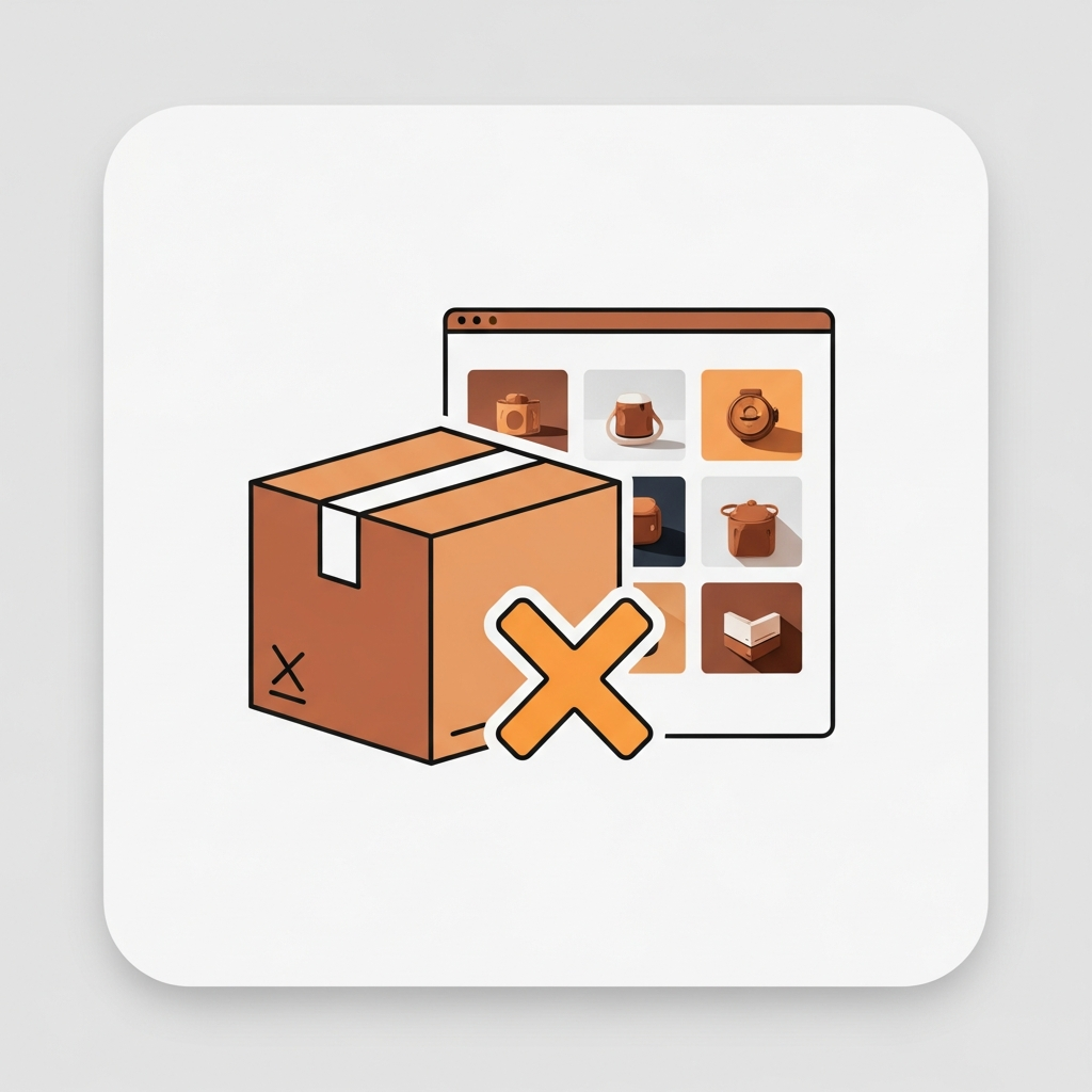 a return box with an X mark next to a product page with correct variant images