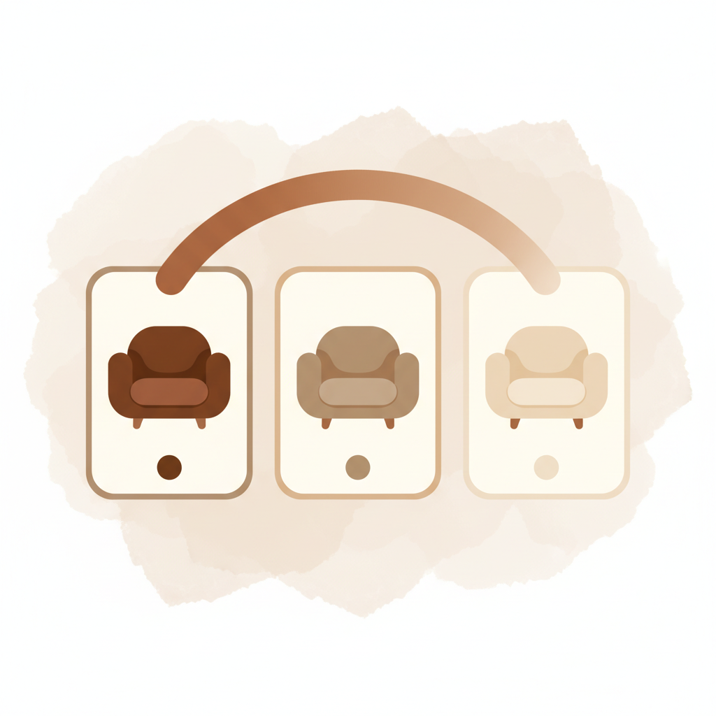 Three sibling product cards showing the same chair in different earthy colors, connected by a curved line at the top to indicate they belong to the same product family