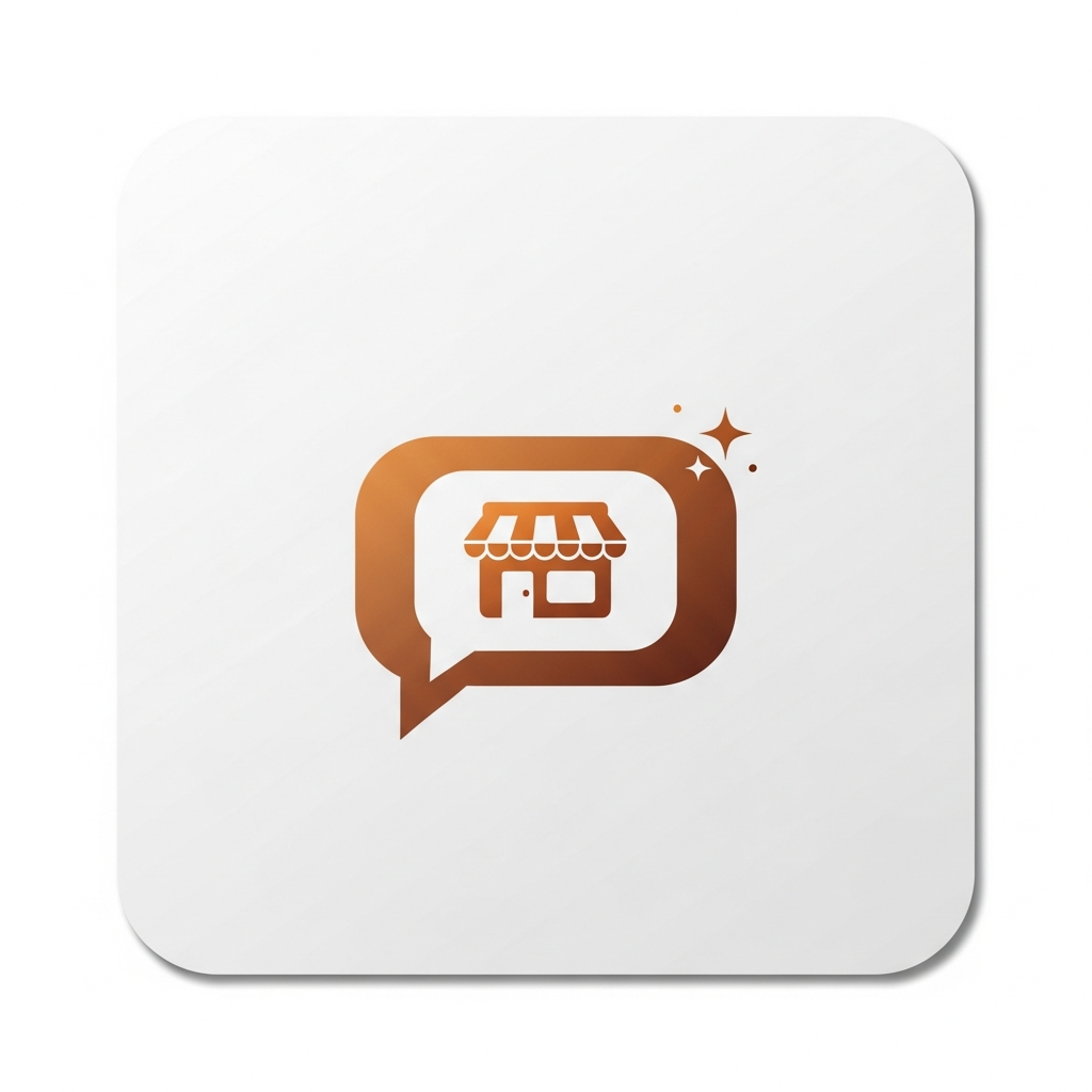 an AI chat bubble with a storefront icon and sparkle effects