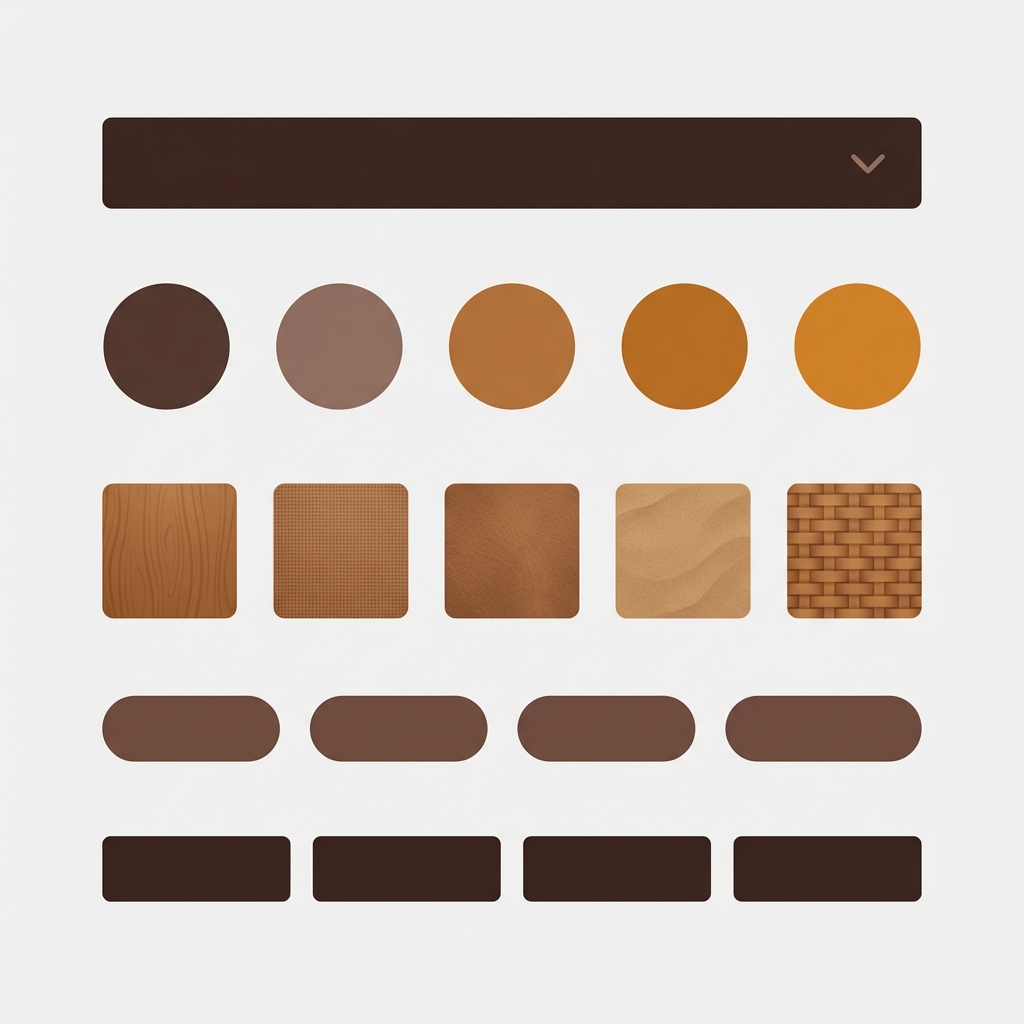 Detailed modern flat illustration showing five variant picker UI elements arranged vertically: a collapsed dropdown menu at top, a row of colored circles (color swatches), a row of texture photo squares (image swatches), a row of rounded pill buttons labeled S M L XL, and a row of rectangular text buttons, warm dark chocolate brown tones (#3E2723 #5D4037 #8D6E63), solid flat very light grey background exactly #f2f2f2, elements fill the full frame, zero text zero letters zero numbers zero words zero labels zero captions, clean minimal SaaS aesthetic, square 1:1 format