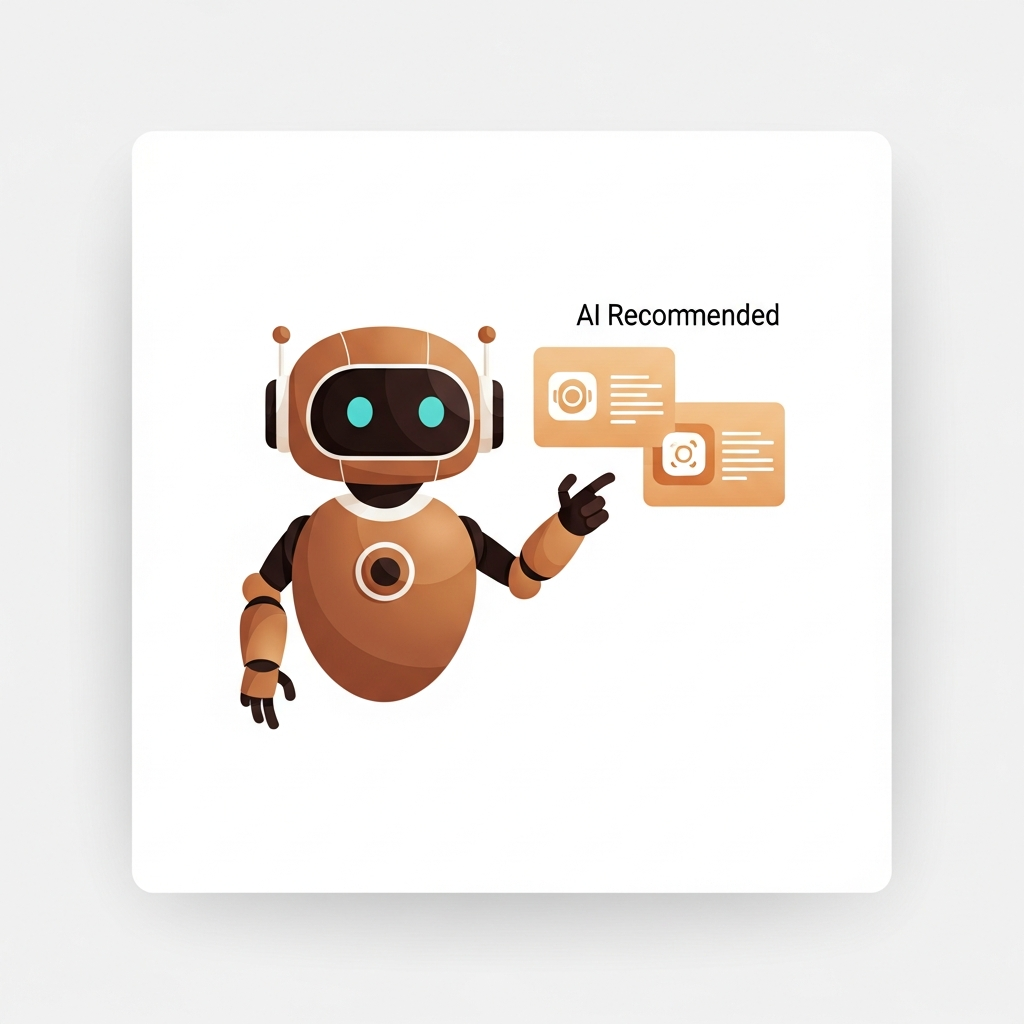 an AI assistant robot icon pointing at recommended app cards