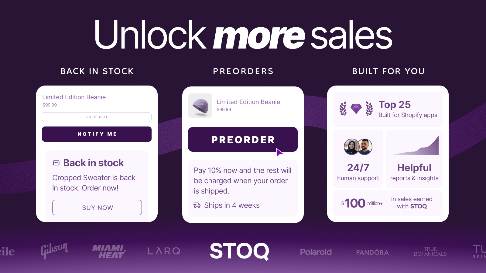 Preorder, Back In Stock STOQ screenshot showing preorder and restock alerts