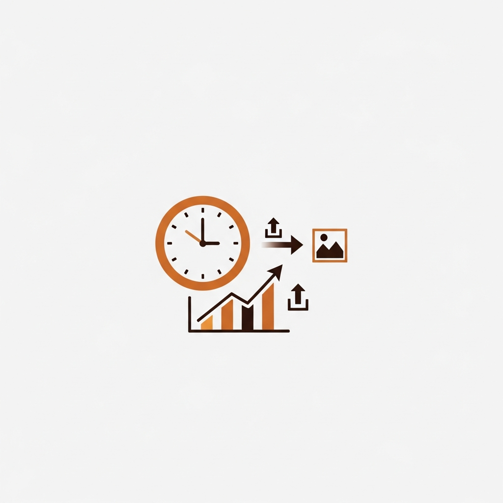 a clock transforming into a growth chart with image upload icons