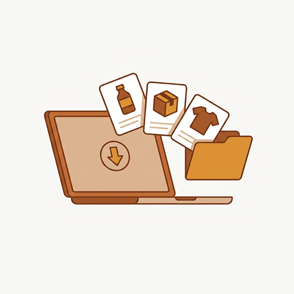 an open laptop screen with a download arrow icon, behind it three product image cards floating outward into a folder, illustrating exporting product photos from a Shopify store