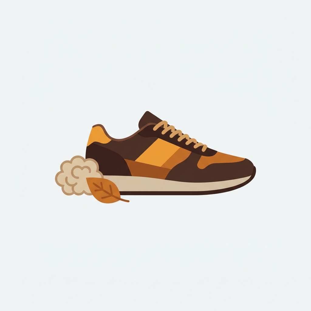 a single side profile sneaker shoe with small natural elements like a wool tuft and a leaf next to it, dark chocolate brown body with warm amber and natural sand tones, premium minimal sustainable composition