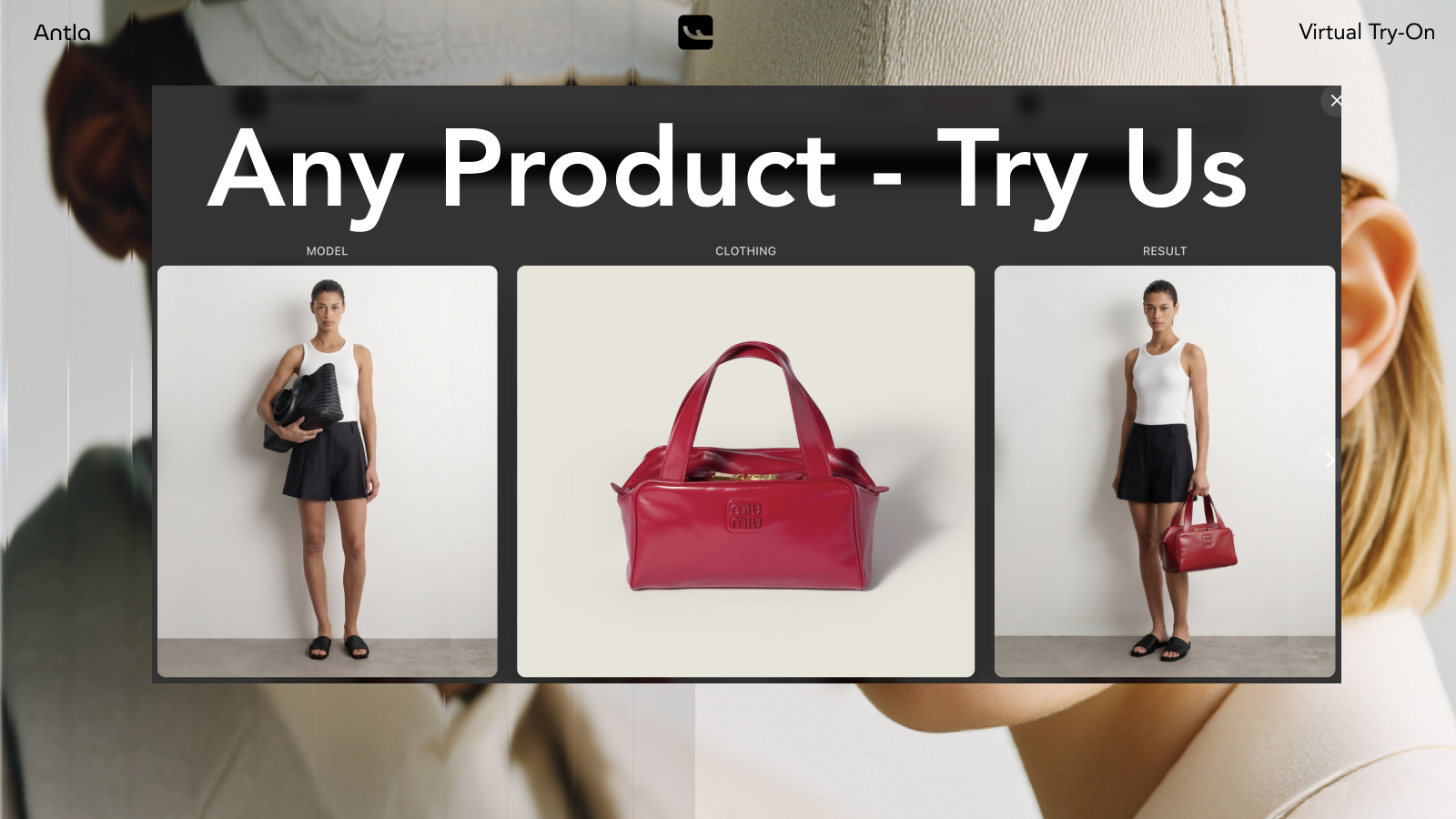 Antla virtual try-on working across clothing, bags, and accessories on Shopify